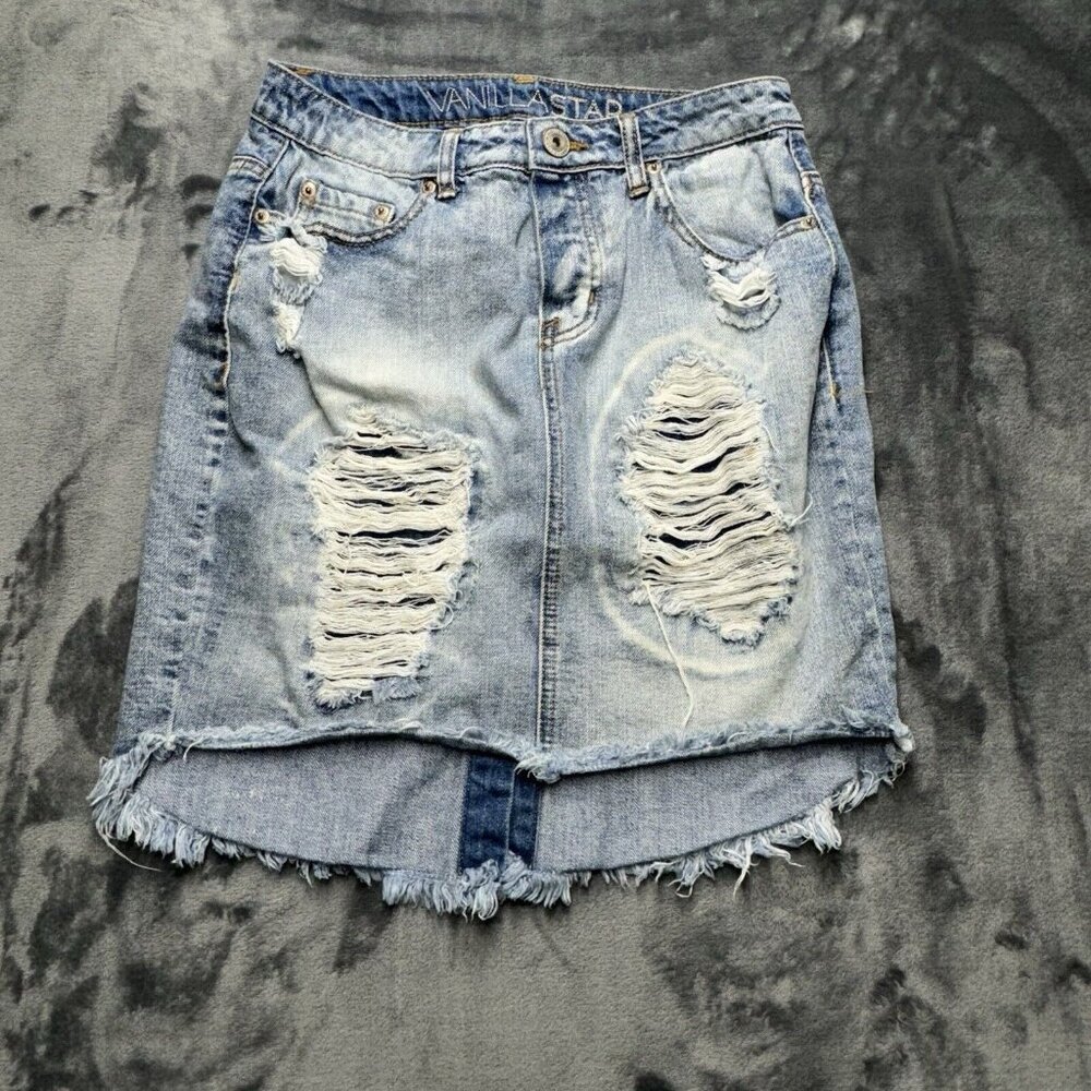 Vanilla Star Women's 7/8 Jean Mini Skirt Blue Distressed Light Wash‎ Rocker Y2K